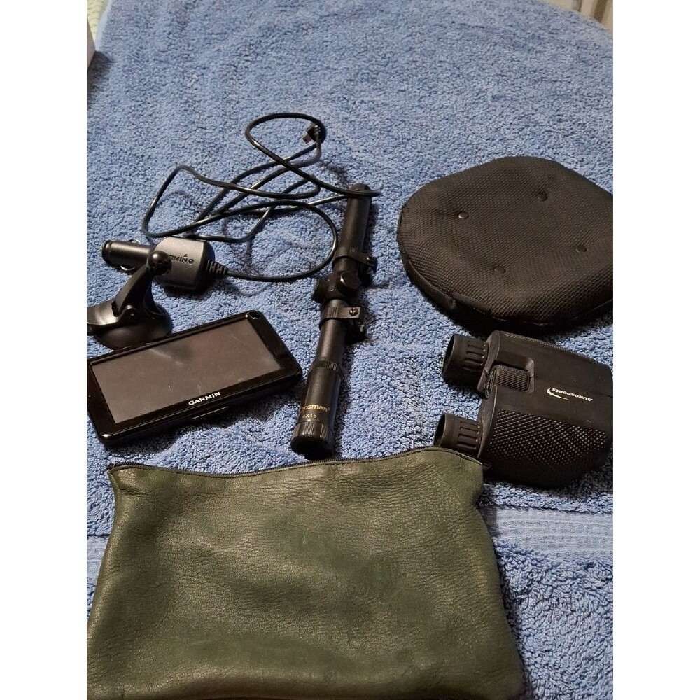 Garmin GPS Navigator, Scope, Binoculors with Black Accessories and Green Pouch